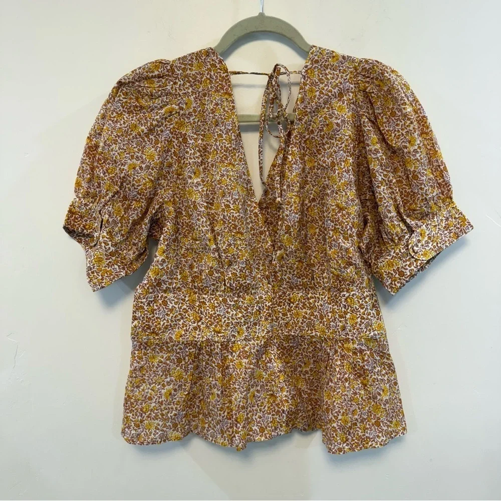 J. CREW puff Sleeve V Neck Top In Scattered Blooms NWT